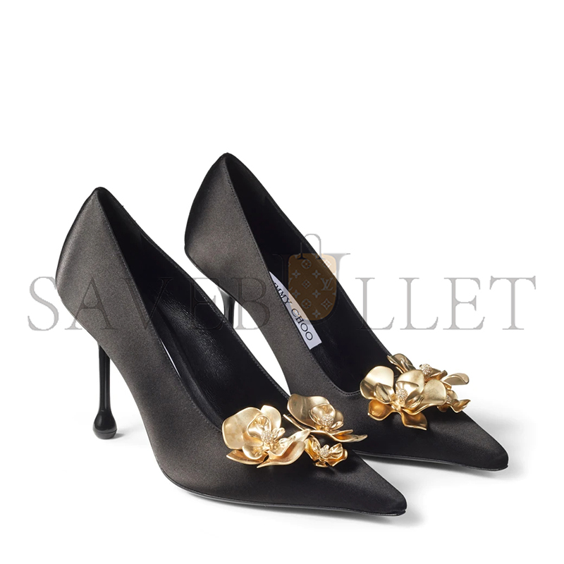 Ji*y Ch* ixia 95 black satin pumps with flowers ixia95bgu